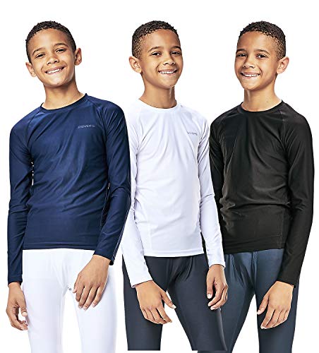 DEVOPS Youth Boys 3-Pack Compression Athletic Performance Baselayer Long Sleeve Shirts (Large, Black/White/Navy)