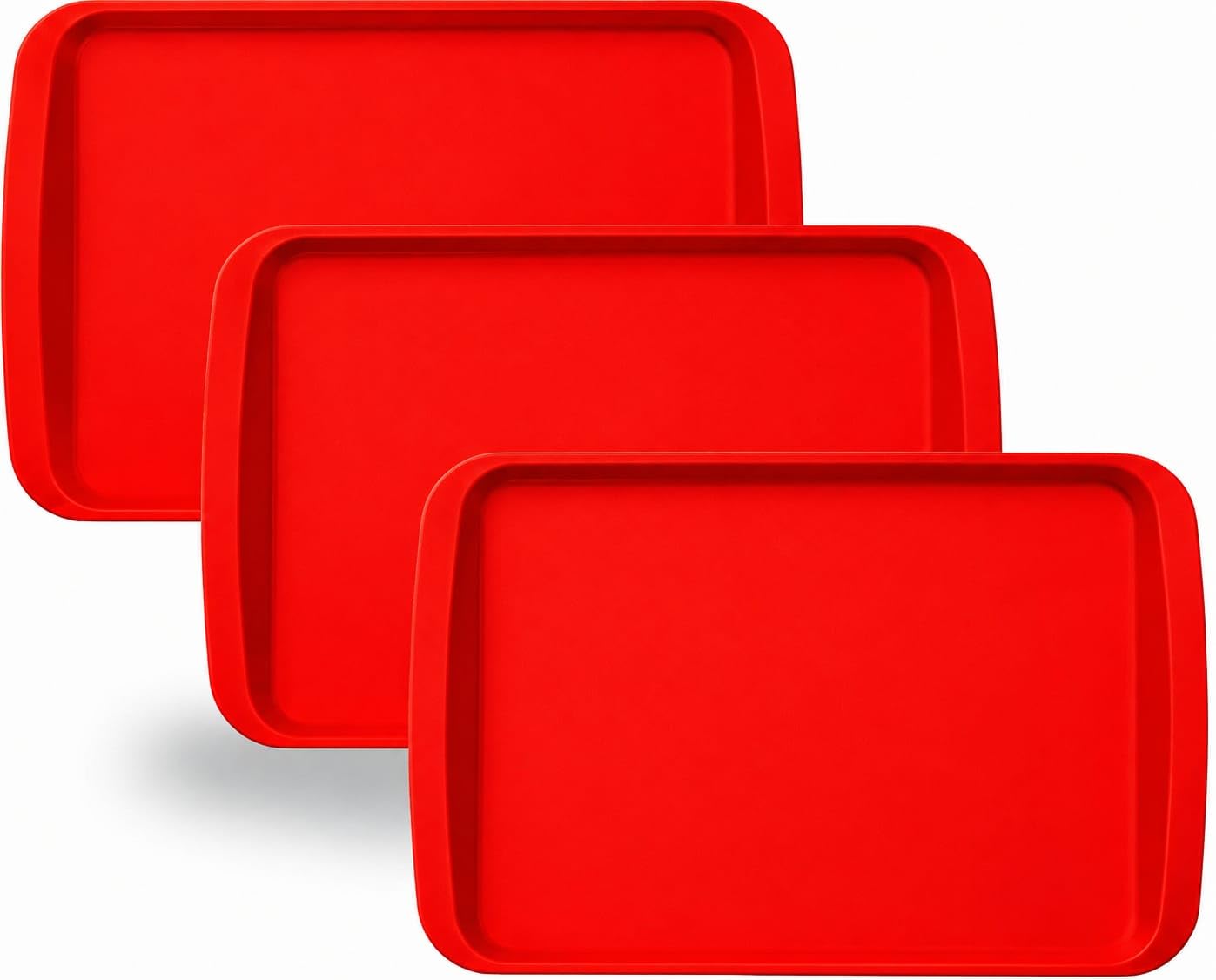 BuzzTrove Serving Trays | Durable Plastic Tea Tray & Dinner Tray | Trays for Eating on Lap, Food Serving & Snacks | Dishwasher Safe, Stackable (Red, Pack of 3 (53 x 32.6 x 3 cm)) — image 1