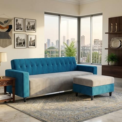 Image of FURNY Luxe 4 Seater L Shape Sofa Set with Movable Ottoman | Flexible Left or Right Layout | Plush Velvet Fabric (Aqua Blue-Light Grey) | Perfect for Living Room, Guest Room & Office