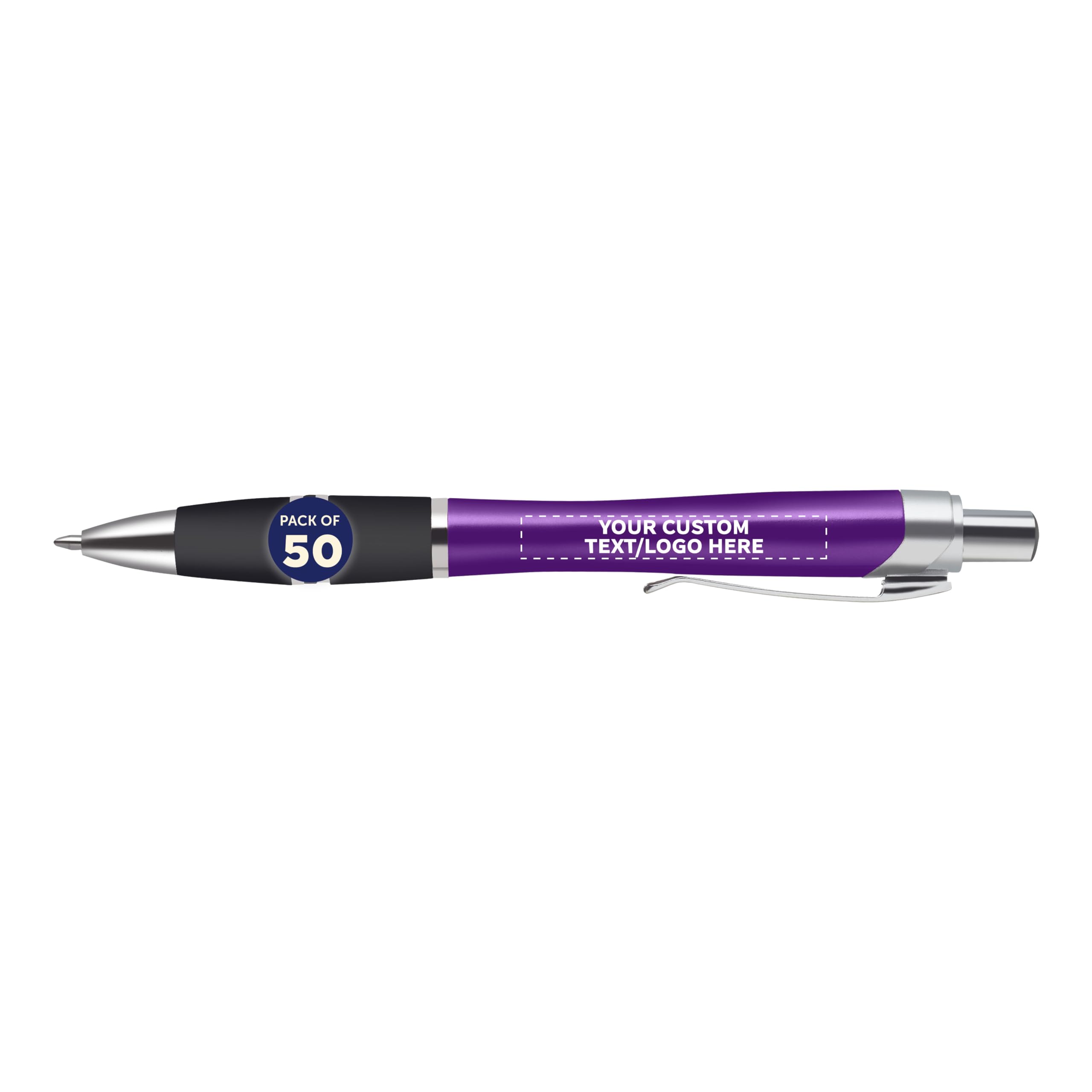 DISCOUNT PROMOS Personalized Silver Accent Grip Pens - 50 pack - Plastic Pens - Customizable Text, Logo - Purple