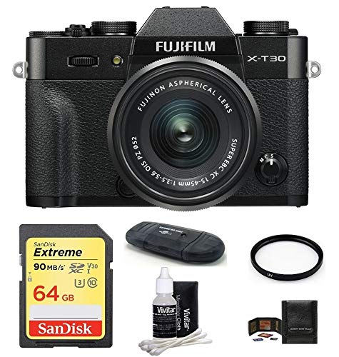 FUJIFILM X-T30 Mirrorless Digital Camera with XC 15-45mm f/3.5-5.6 OIS PZ Lens (Black) Bundle, Includes: SanDisk 64GB Extreme SDXC Memory Card, Card Reader and More