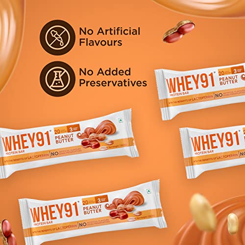 Image of WHEY91 Peanut Butter Protein Bar | 20G Protein & 3G Fibre Per Bar | Immunity Booster Lactoferrin | No Added Preservatives |No Added Sugar |(Pack Of 6 Bars), 390 Gram