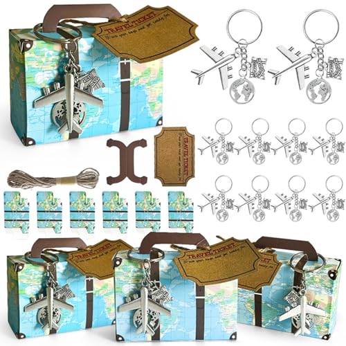 Lot de 10 mini boîtes à dragées en forme de valise, porte-clés d'avion de la terre, ticket de voyage, boîte à bonbons créative en forme de valise pour souvenir de...