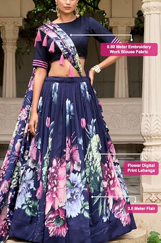 Image of TRENDMALLS Women's Jam Satin Flower Printed Semi-Stitched Lehenga Choli with Dupatta (L276-Blue-Semi-Stitch)