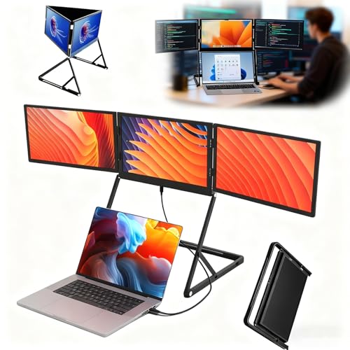 Image of Triple Portable Monitor for Laptop, 15.6 inch FHD 1080P IPS Foldable Extender, 16:10 Ratio Single Cable, HDMI /USB-C P-Lug N Play, Windows /Mac /Android.