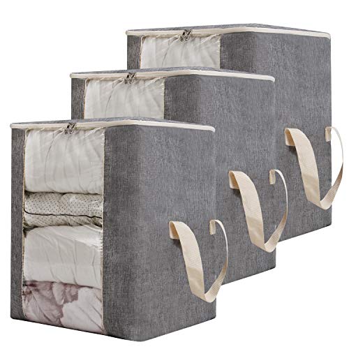Qozary 122L Large Foldable Storage Bag Organizer Clothes Storage Container for Blanket Comforter Clothing Bedding with Durable Handles (Gray, 3P)