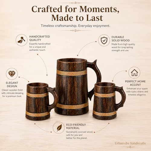 Image of Wide Verticle Grooves Wooden Beer Bar Combo Set|Barrel Shaped Mug|2 Small Beer Mug 350ML Size: 5 x 4 inches Each & 1 Beer Jug Large 750ML Size: 7 x 4.5 inches