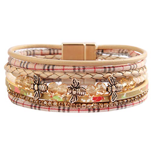 GelConnie Honey Bee Leather Wrap Bracelet Magneitc Gold Plated Cuff Bracelet Multi Strand Boho Bracelet Bohemian Gift for Women, Sister, Girls