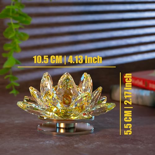 Image of Feng Shui Crystal Lotus Flower Showpiece & Paper Weight | Vastu Decor for Home & Office | Desk Decoration | Fengshui Items for Home Decor, Good Luck & Gifting | Yellow (Medium-10.5 x 5.5 CM)