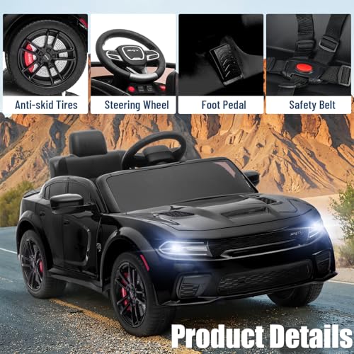 Image of Electric Car for Kids,Licensed Dodge Charger SRT Hellcat Ride on Car,3.1mph Max Speed,12V 7A Kids Electric Vehicle with Remote Control,Music,LED Light,Bluetooth (Black)