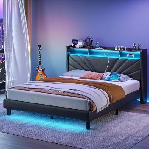 Image of Rolanstar Full Size Bed Frame, Storage Headboard with Charging Station and LED Lights, Upholstered Bed with Heavy Duty Wood Slats, No Box Spring Needed, Noise Free, Easy Assembly, Black