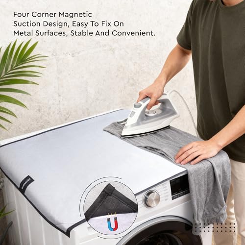 Image of Encasa XO Ironing Mat for Tabletop - Heat Resistant Magnetic Ironing Pad 18 inchx31 inch | Folding Ironing Board Alternative for Washer & Dryer | Portable Quilted Travel Mat (Silver)