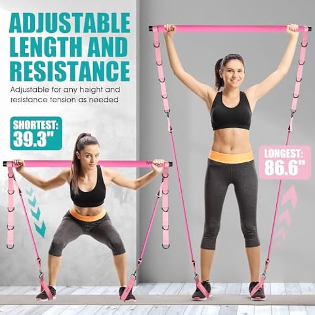 Pilates Bar Kit with Resistance Bands, Pilates Workout Equipment for Legs, Hip, Waist, Arm, Squats Exercise Equipment for Home Workouts, Adjustable 3-Section Pilates Bar Kit for Women & Men