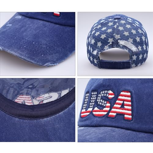 Image of USA American Flag Hat for Men Women Patriotic Fourth of July Baseball Cap Adjustable Navy Blue