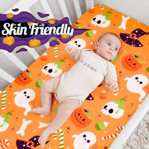 Image of UOMNY Halloween Pumpkin Crib Sheet for Boys Girls Halloween Fitted Crib Sheets for Standard Crib 52 X 28 Inch Toddler Crib Mattresses Sheet, Purple Hat