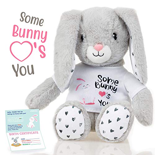 Rabbit stuffed animal - The Original "Some Bunny Love's You" Large Bunny Plush Animals Toy. bunnie gifts w/ removable shirt for Birthdays, Valentines or Christmas. Cute, Fun, Soft, and Gift Wrapped!