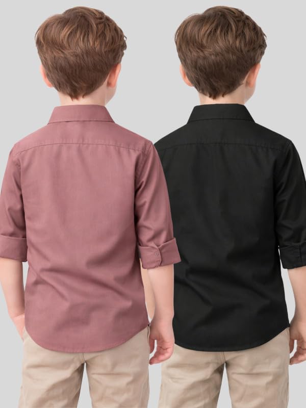 Image of YYQ Pack of 2 Boys Solid Cotton Blend Shirts - Full Sleeve Casual, Soft & Comfortable Spread Collar Shirts for Boys