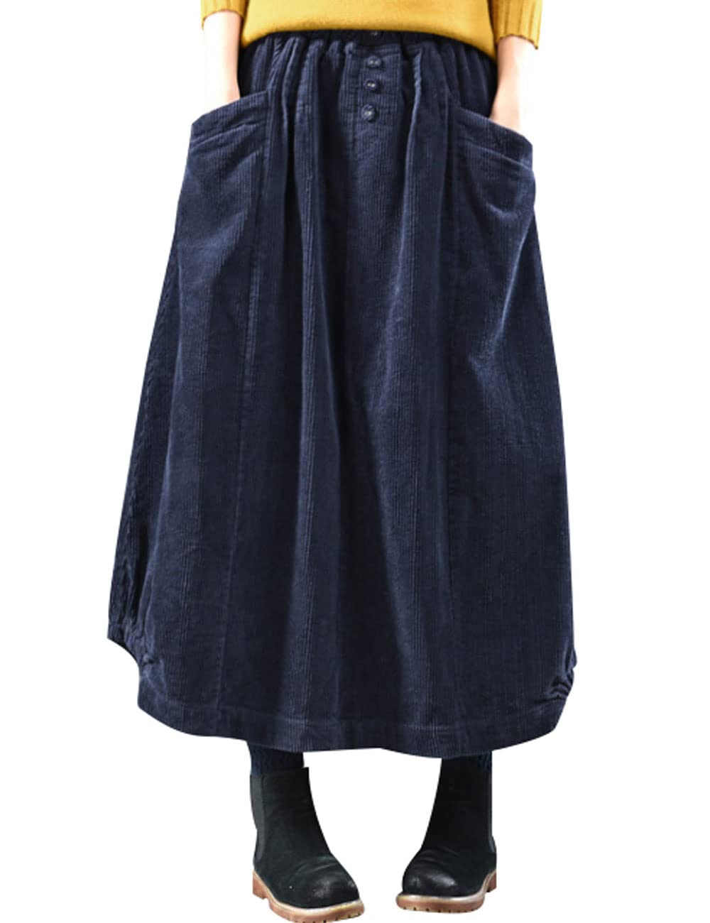 Bigassets Women's Vintage Long Ankle Length Elastic Waist Corduroy Skirts Navy