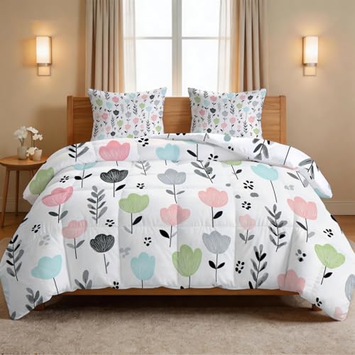 Edredón para adultos estilo boho de 220 x 240 cm, sin funda y 4 estaciones, diseño de flores silvestres de fresa de algodón lavado, edredón suave y cálido y lavable para todo el año con funda de