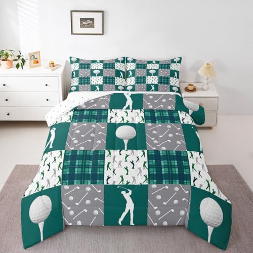 Image of Feelyou Golf Comforter Set Queen Size Green Plaid Buffalo Check Geometric Bedding Set for Kids Boys Girls Sports Theme Duvet Quilt Bedroom Decor Microfiber 3 Pcs with 2 Pillow Cases