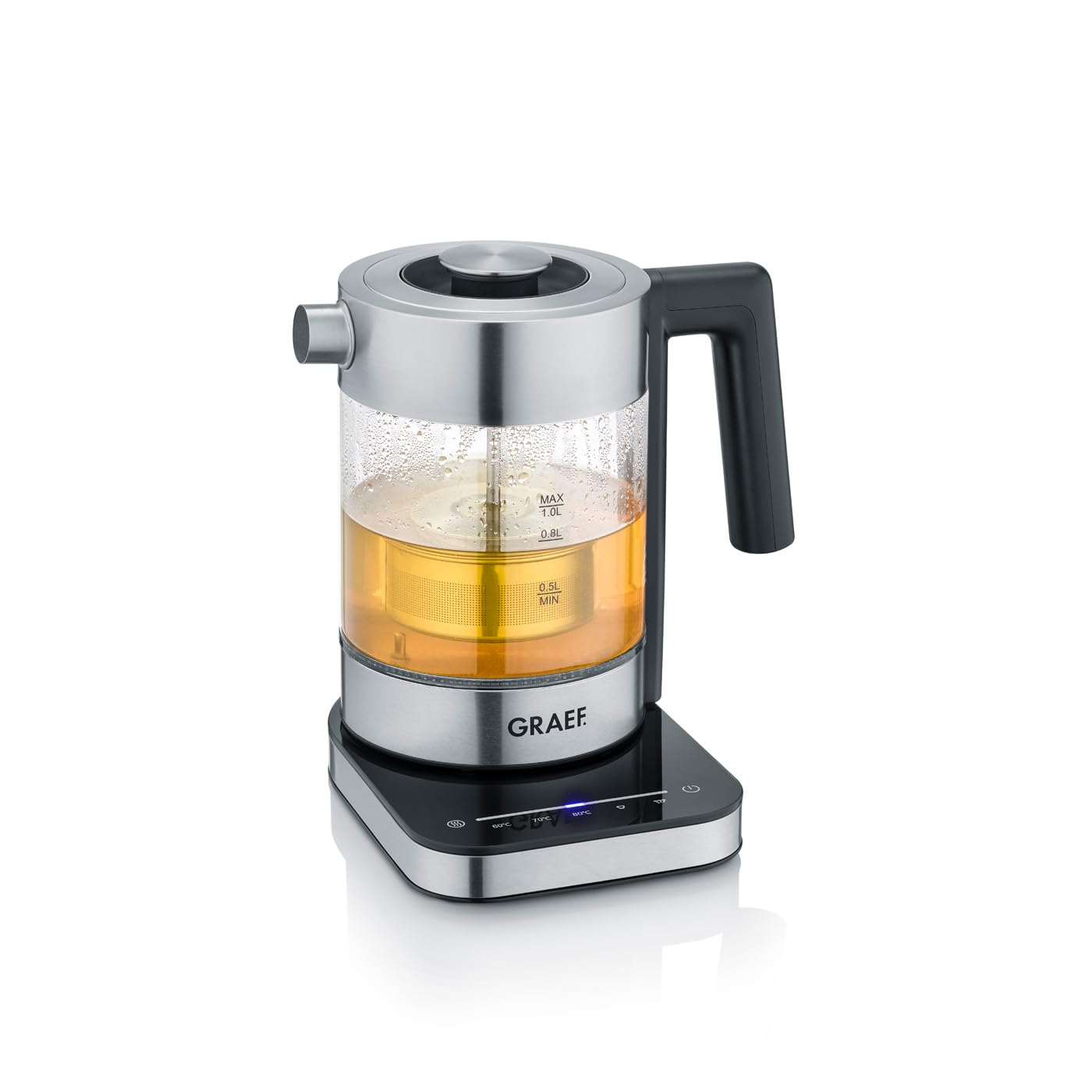 GRAEF Kettle, WK350, 1.0 litres, temperature setting via touch display, SCHOTT DURAN glass, stainless steel, LED lighting and level marking