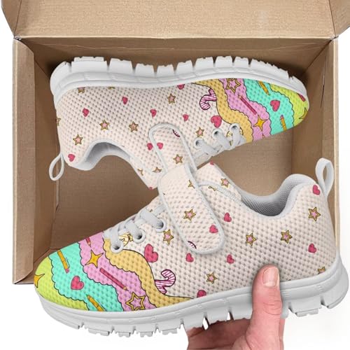 Boys Girls Sneakers Kids Lightweight Breathable Strap Athletic Running Shoes for Little Kid/Big Kid Pencil Star Love Pattern（White Sole）2