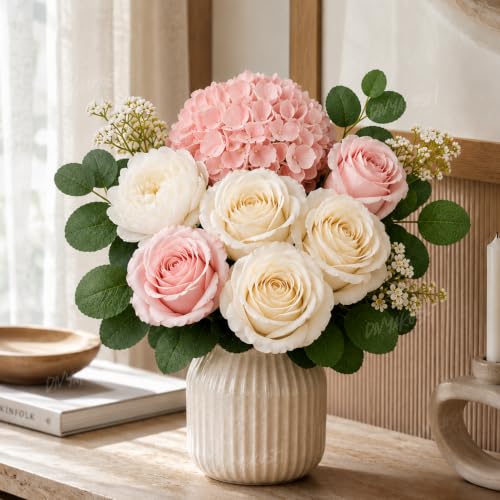 Image of Divyakosh Artificial Flowers for Vase (Vase Not Included) Artificial Flower for Vase, Flower Bouquet Gift, Blush Pink Hydrangea, Ivory Rose & White Peony Artificial Flower Arrangement for Living Room