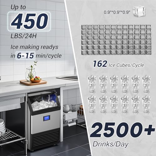 Image of SOZT Commercial Ice Maker Machine 450LBS /24H, Stainless Steel | Under Counter Ice Machine with 200LBS Storage, Self-Cleaning Freestanding Ice Cube Maker for Restaurant, Bar, Home, Office