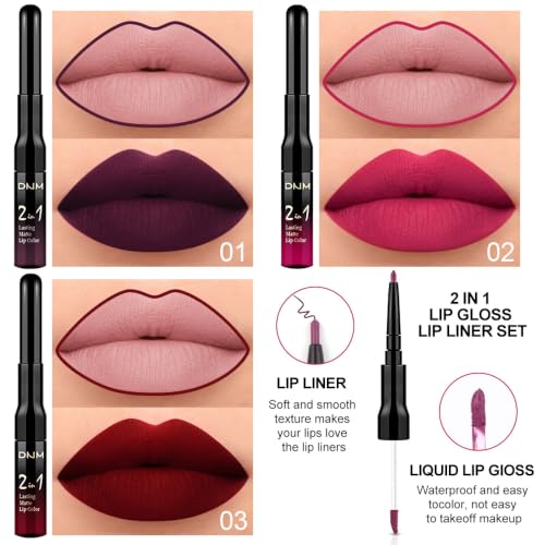 Image of evpct 3Pcs Dark Plum Purple Rose Dark red Matte Lip Liner Pencil and Liquid Lipstick Sets for Women Long Lasting Waterproof, 24 Hour Lipstick Lip Stick /Gloss Set labiales mate 24 horas originales, 01