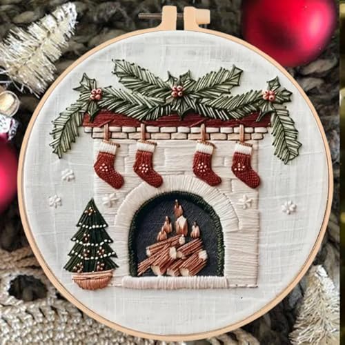Image of Huacan Embroidery Kits for Adults Beginner DIY Cross Stitch Stamped Christmas Pattern Stitching Fireplace Sewing Kit 1 Piece 7.8 x 7.8 Inch