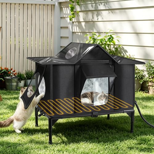 Heated Outdoor Cat House Weatherproof with Heating Pad, Insulated Feral Cat Houses for Outdoor Cats,...