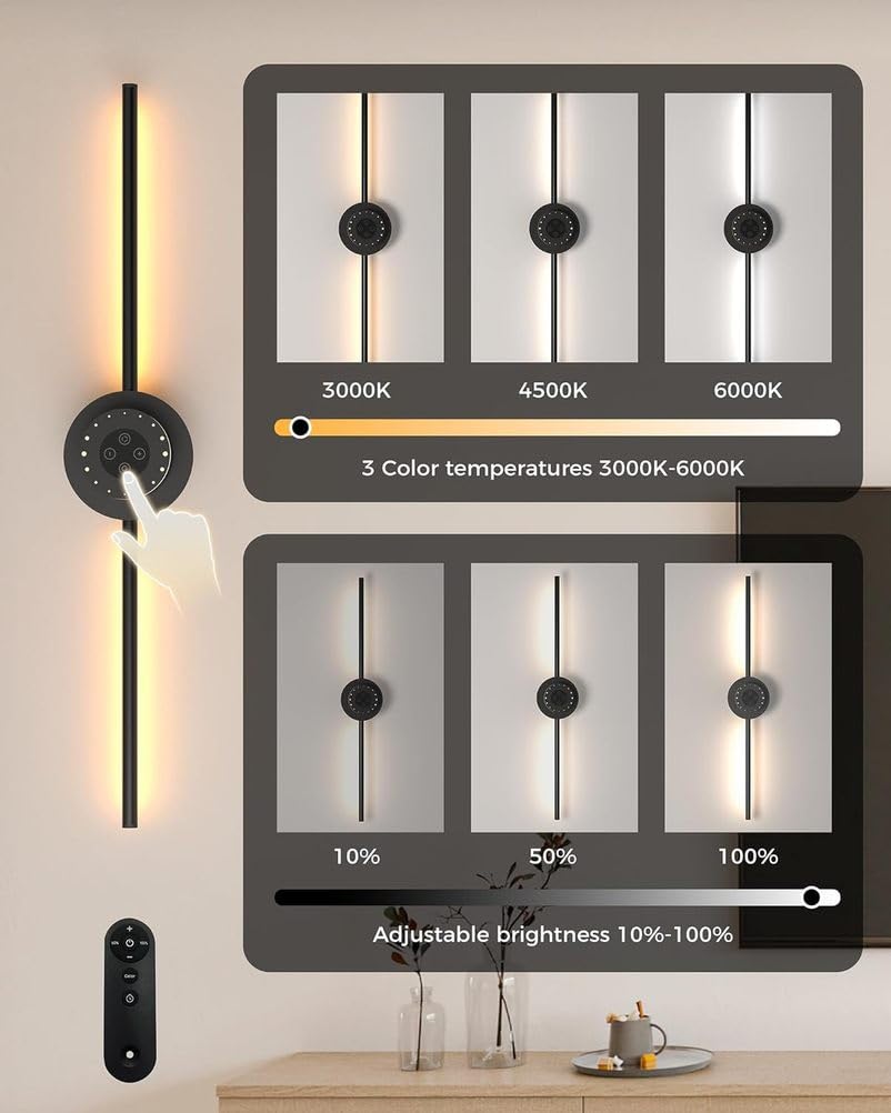 Lampada da Parete Ricaricabile con Telecomando, Luce LED Lunga e orientabile a 360°, per Interni, Senza necessità di Collegamento alla Rete elettrica, Alimentatore Rimovibile da 80