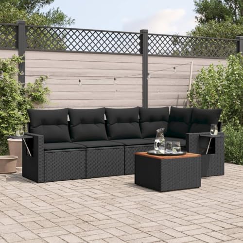 Homgoday Set de sofás de jardín 6 Piezas y Cojines ratán sintético Negro Sofá de jardín Mesa + Esquina + 2X centrales Muebles de jardín Exterior Rattan Garden Furniture Set de Jardin Negro