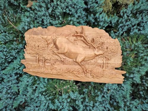 Tableau en relief bois haut de gamme 30 cm avec sculpture cerf de course