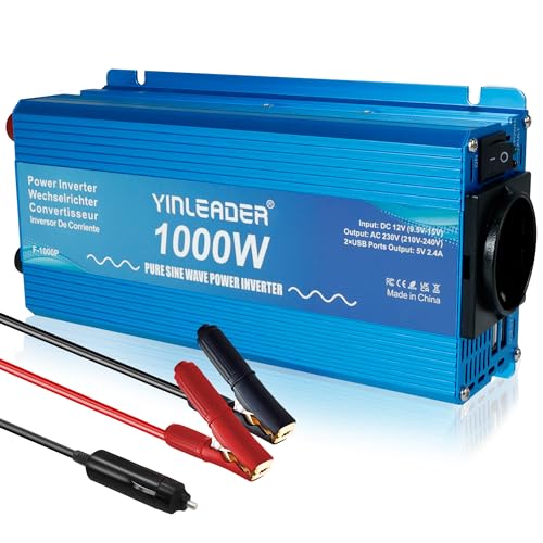 Yinleader Inversor de Onda Sinusoidal Pura 1000W Convierte Transformador 12V a 230V, con 2 Puertos USB - Ideal para Coche, Caravana, Barco y Camping