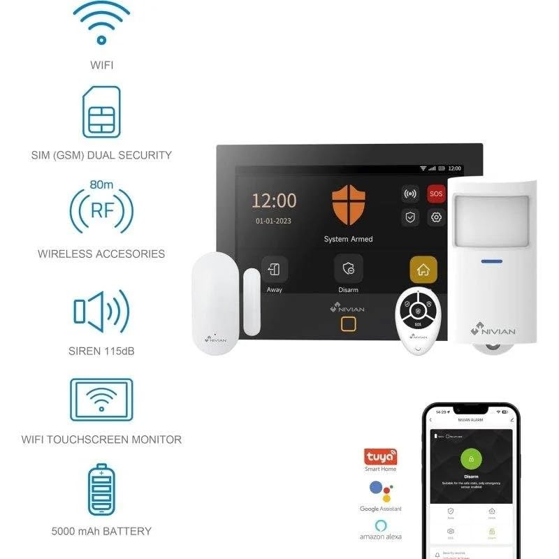 Alarma Nivian Pack WiFi gsm 4G Inalámbrica Interior Sensor Movimiento Apertura Sirena Exterior