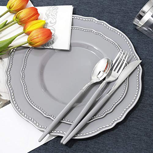 Hioasis 175Pcs Grey Plastic Plates&Silver Disposable Silverware With Grey Handle&Clear Cups&Napkins Served For 25 Guests-Grey And Silver Dinnerware For Weddings&Parties,Holiday Events #TOP4