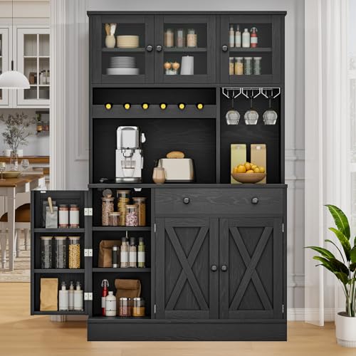 DWVO 71''H Kitchen Pantry Cabinet with Drawer, Doors, Goblet Holder, Wine Rack for Storage, Pantry Cabinet with Power Outlet for Kitchen & Living Room (Black Oak)