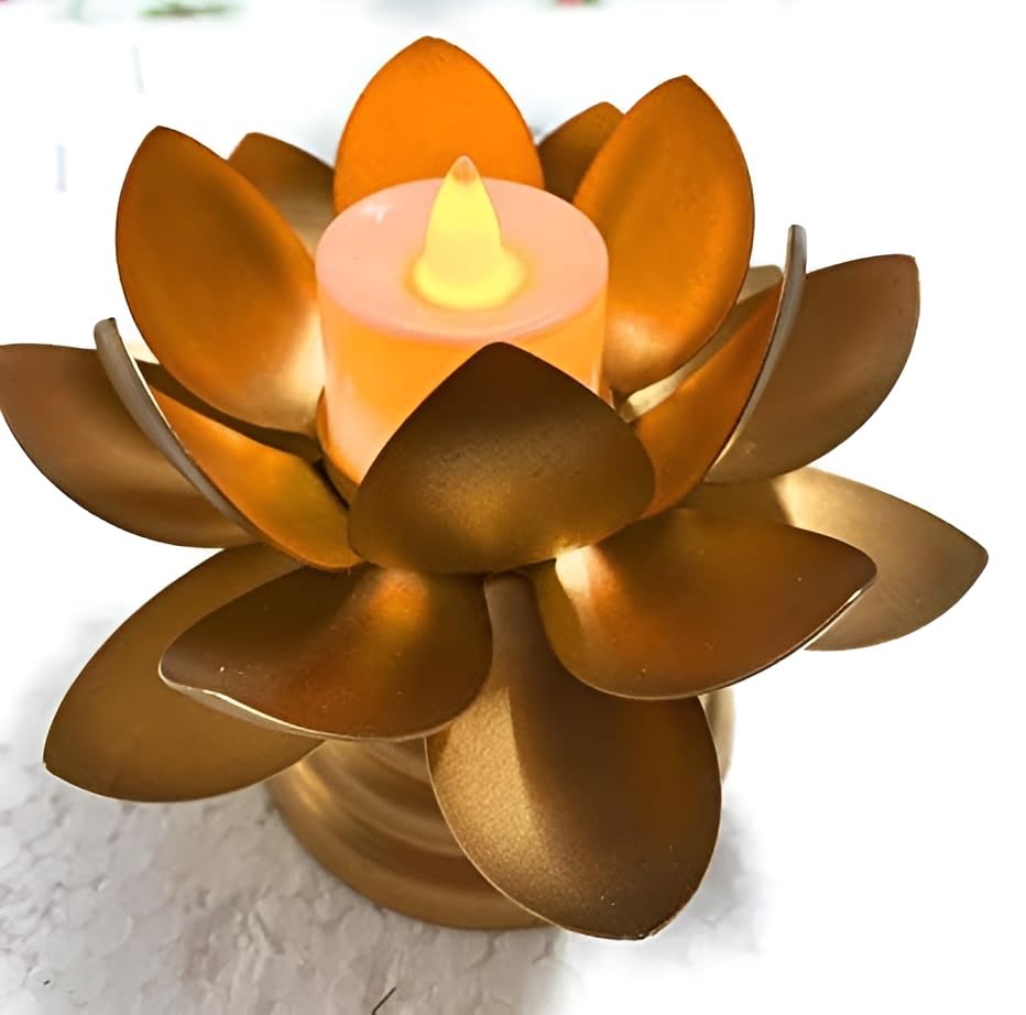Image of Easyera Beautiful Lotus Tealight Holder Candle Stand Metal Home Decoration Festival Occasions Diwali Ga (Not Include Glass Candle) Golden Pack 6 (Pack of 6- (Golden) Mini Lotus)