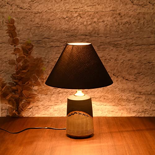 Image of AAKRITI ART CREATIONS | Midnight s Secret Terracotta Handcrafted Table Lamp with Abstract Art & Cotton Shade | Bedside Table Lamp