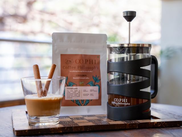 Image of CO.PHI French Press Coffee Maker, 800ml German Borosilicate Glass Carafe, Stainless Steel Filter, Ergonomic Handle, Black Spiral Design with 100 gms Cinnamystic Ground Coffee
