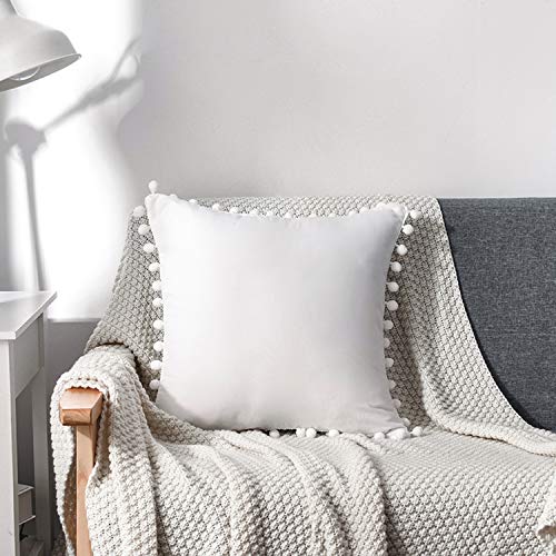 CAWANFLY Set of 2 Decorative Throw Pillow Covers with Cute Pom Pom, Square Soft Cushion Case Home Decor for Couch Sofa Bed 20x20Inch/50x50 cm (White) - Thumbnail 4