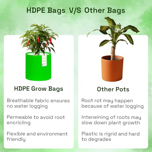 Image of HDPE Grow Bags for Plants 15X18 Inch (Pack of 15) | 260 GSM Heavy Duty UV-Protected Round Green Colour Plant Bags for Terrace and Vegetable Gardening | Strong & Reusable|