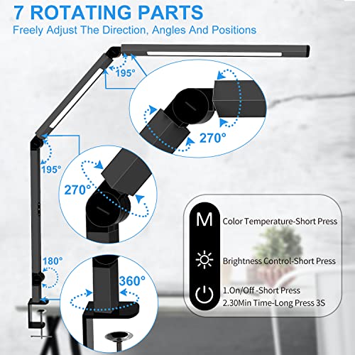 Image of LED Desk Lamp with Clamp, Architect Desk Lamp for Home Office with Remote Control, Swing Arm Clamp on Computer Light, Clip-on Eye-Care Adjustable 5 Brightness Levels Table Light for Working Drafting