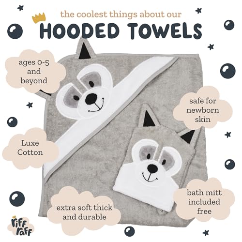 Image of Riff Raff Smart Racoon Hooded Towel - Premium Cotton Baby Towel with Mitt Set - Ultra Soft Machine Washable Cartoon Hooded Baby Towels - Baby Towels with Hood for Newborn Baby, Infants, Toddlers