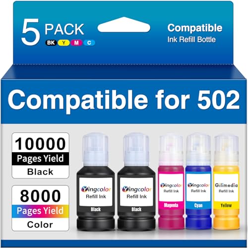 YingColor Replacements for Epson 502 Ink Refill Bottles Work with Epson EcoTank ET-2760 ET-2850 ET-3850 ET-3760 ET2760 ET2750 ET2700 ET-4760 ET-3710 ET-3850...