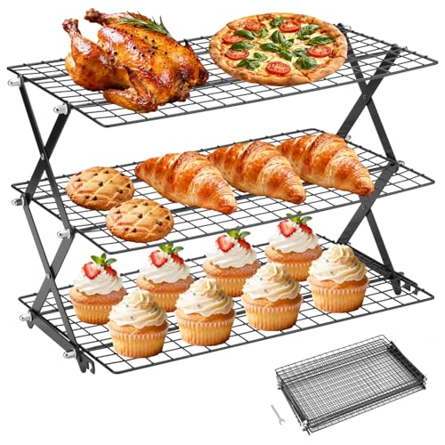 3-Tier Stackable Cooling Rack For Baking, Collapsible Wire Cookie Rack With Adjustable Heights, Non-Stick Roasting & Drying Rack For Cupcakes, Pies And Pastries, Space-Saving Kitchen Essential