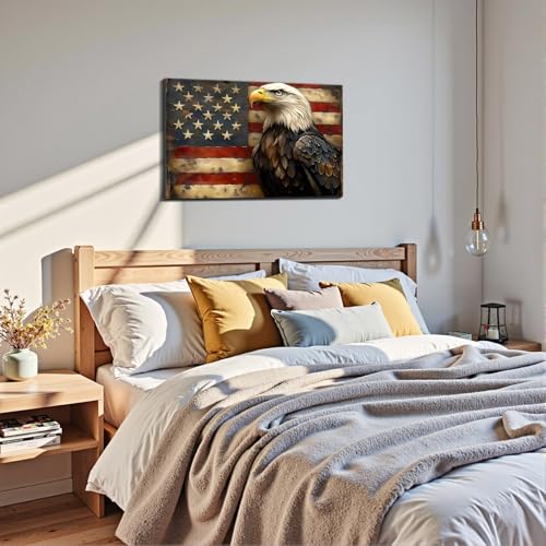 Image of Framed Bald Eagle American Flag Wall Art, Patriotic USA Canvas Art Pictures, Vintage Eagle Wall Decor for Office Living Room Man Cave, Ready to Hang Made in USA