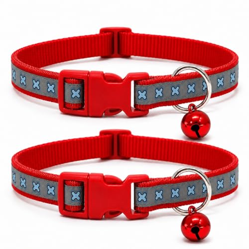 Image of Adjustable Stylish Dog & Cat Collar | 10mm Durable Comfortable Pet Collar with Bell | Ideal for Small & Medium Pets Cotton Candy (Bone Printed Radium Collar) (Red, Pack of 2)