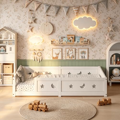 Cama Infantil 90 x 200 cm,Montessori,con barreras y Puerta transformable, Marco de Madera Maciza, somier de láminas, Cama Individual para niñas y niños, Pino (Blanco, 90 x 200 cm)